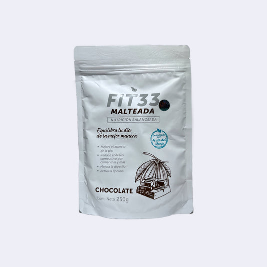 Malteada Fit33 FitPlus sabor chocolate en sobre de 250g.