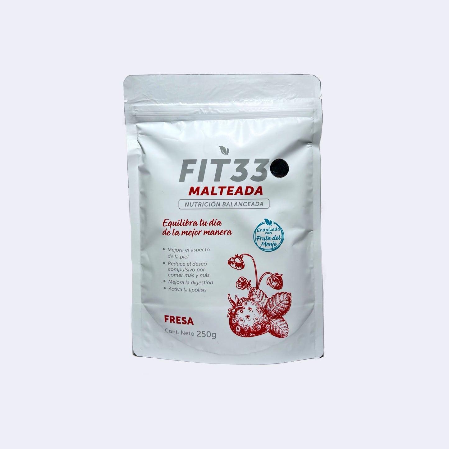 Malteada Fit33 FitPlus sabor fresa en sobre de 250g